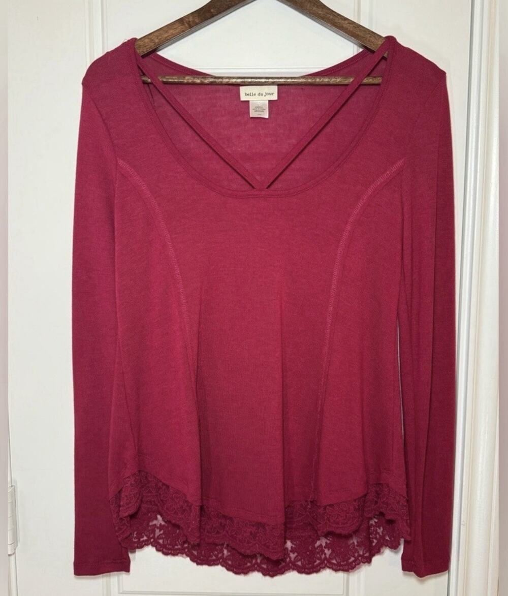 Belle Du Jour Women’s Blouse Pink Top Lace Trim Long Sleeve Size Medium Career